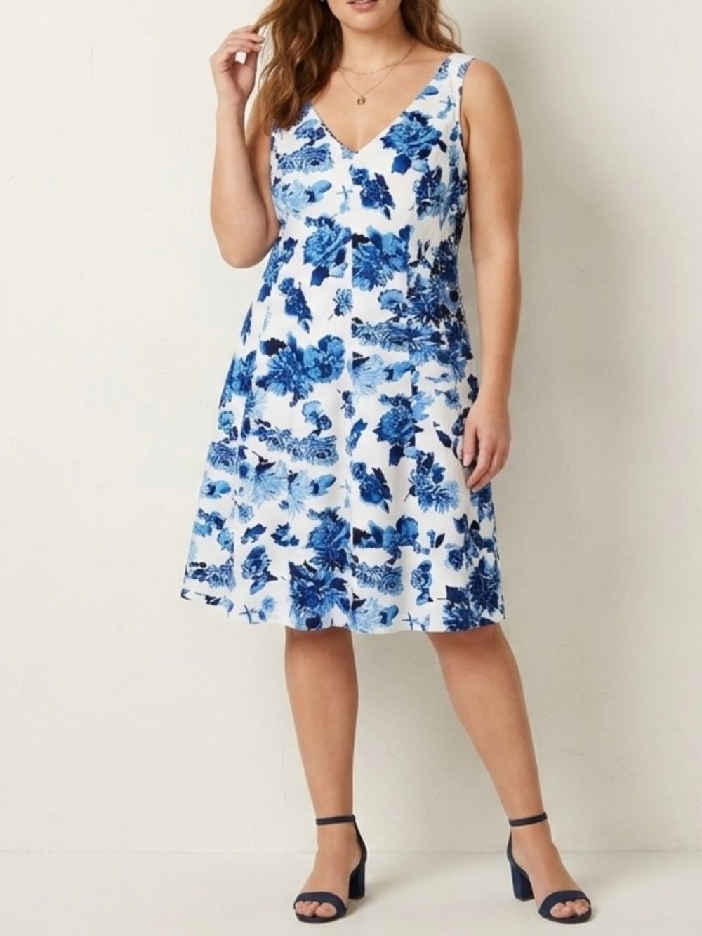 Chaps Fit & Flare Blue/White Floral Sleeveless Dress Size 16 Preppy Feminine